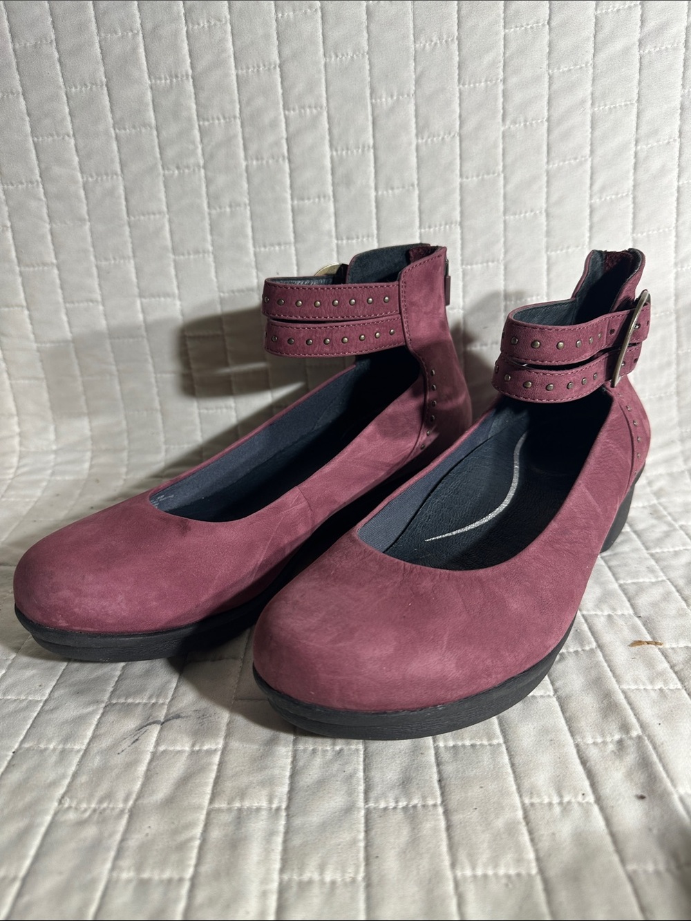 Dansko Lois ankle strap wedge heels in a burgundy wine color